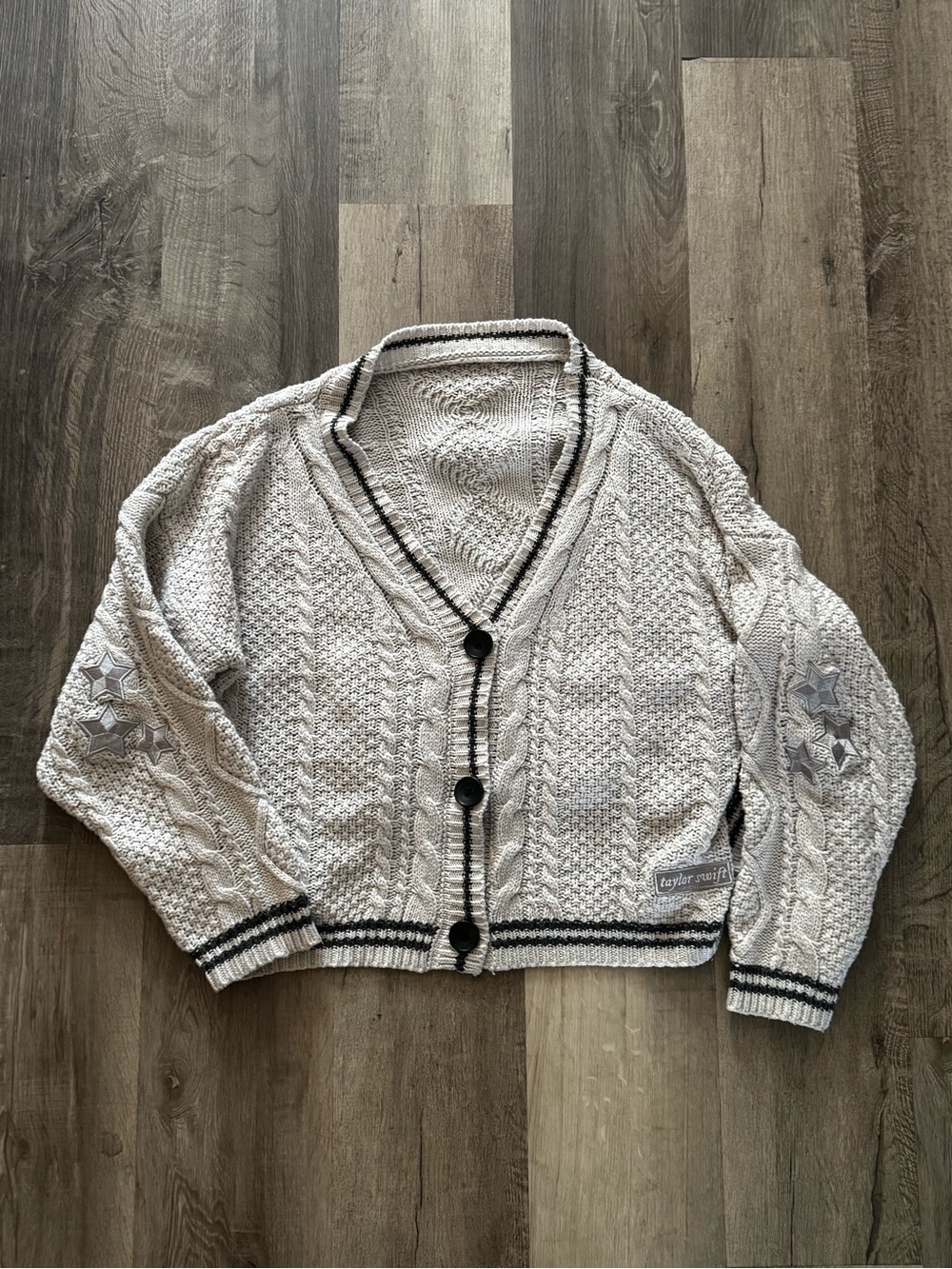 Taylor Swift Cream Cable-Knit Cardigan with Blue Trim Folklore